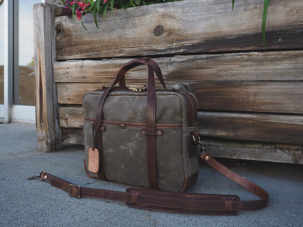 Lux Briefcase in Ranger Tan Waxed Canvas/Dark Snuff Regency Calf