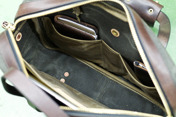 Briefcase in Heavy Olive Waxed Canvas/Brown Chromexcel