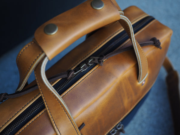 Executive Small Briefcase in Dark Navy Dry Wax Twill/ Harvest Horween Chromexcel