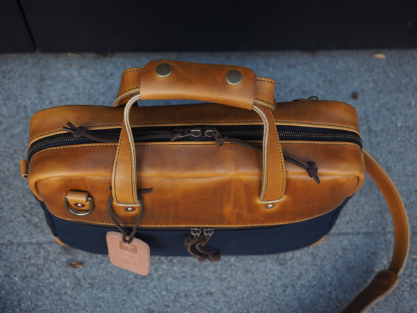 Executive Small Briefcase in Dark Navy Dry Wax Twill/ Harvest Horween Chromexcel
