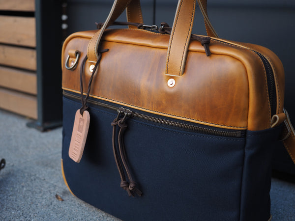 Executive Small Briefcase in Dark Navy Dry Wax Twill/ Harvest Horween Chromexcel