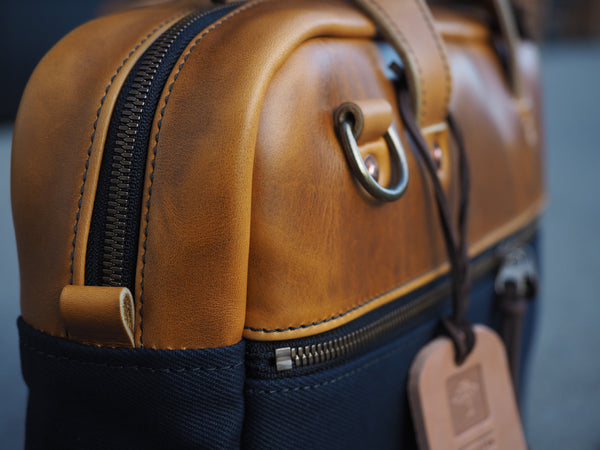 Executive Small Briefcase in Dark Navy Dry Wax Twill/ Harvest Horween Chromexcel