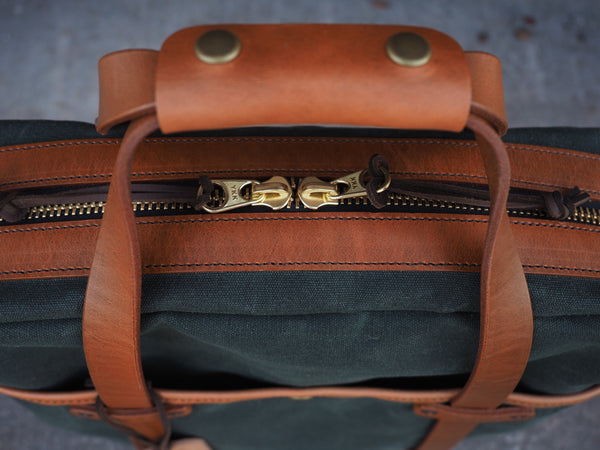 Lux Briefcase in Deep Forest Waxed Canvas/Cognac Auburn