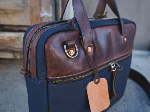 Executive Small Briefcase in Dark Navy Twill/ Dark Snuff Regency Calf