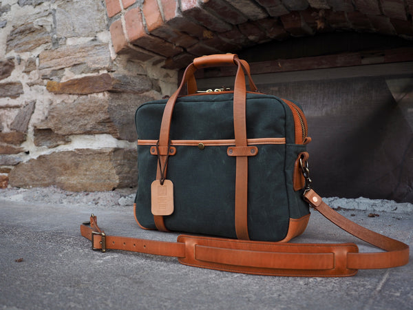 Lux Briefcase in Deep Forest Waxed Canvas/Cognac Auburn