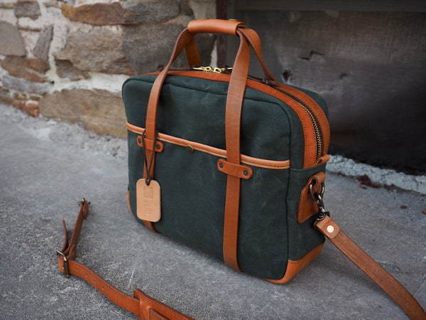 Lux Briefcase in Deep Forest Waxed Canvas/Cognac Auburn