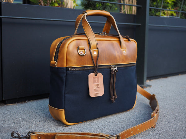 Executive Small Briefcase in Dark Navy Dry Wax Twill/ Harvest Horween Chromexcel